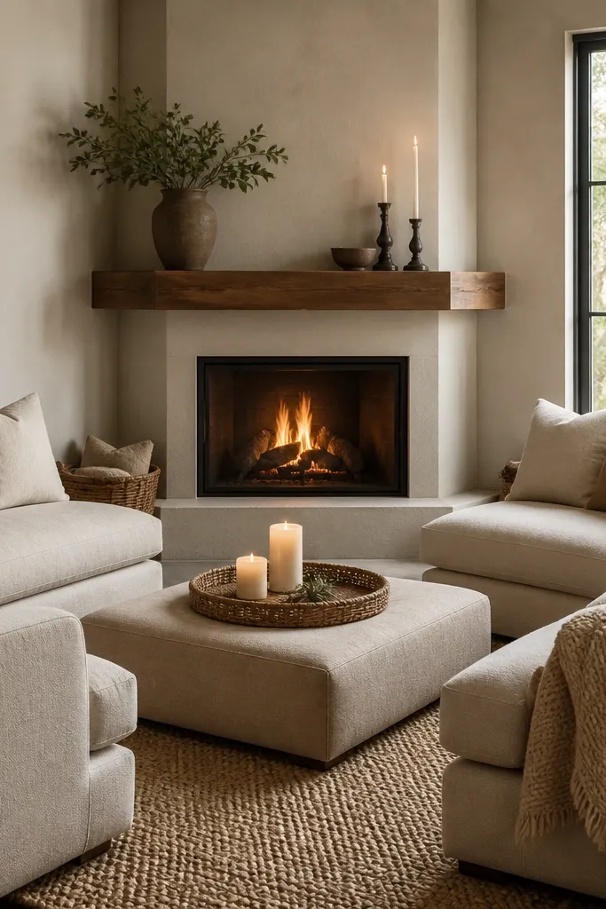 A corner fireplace with a simple mantel. Two sofas face inward toward the fire forming a U-shape. A low ottoman sits in the middle with a woven tray and two candles; a textured rug fills the corner area.