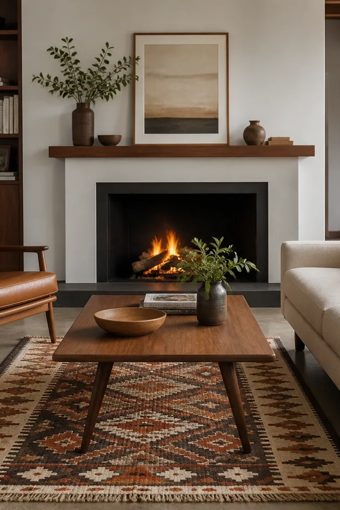 A fireplace with a clean mid-century mantel. A teak coffee table sits centered on a patterned kilim runner. A camel leather chair and a cream sofa flank the fire; a wool throw hangs over the chair.
