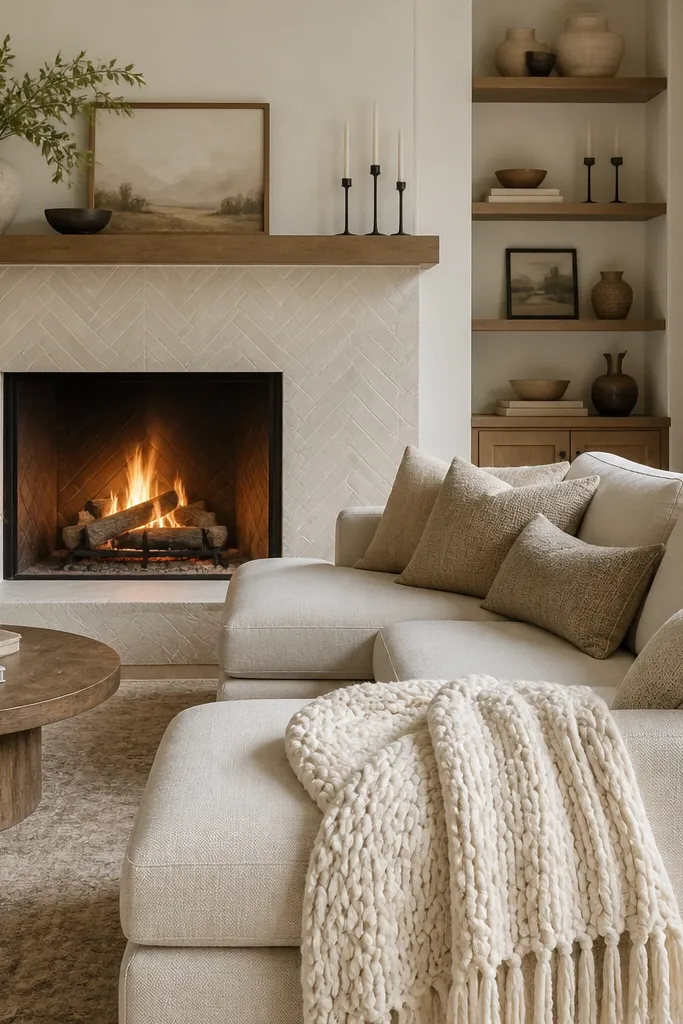 A fireplace with a herringbone pattern surround. An oatmeal sectional faces the fire with a chaise to the side. A chunky cable knit throw in cream drapes over the chaise edge; pillows mix oatmeal and warm beige.