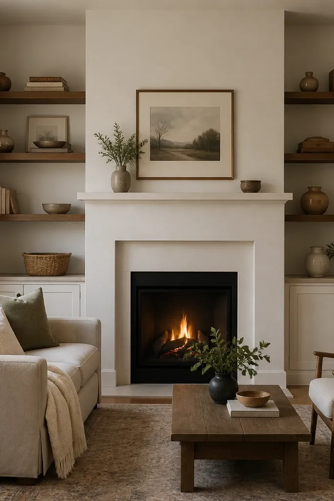 A compact living room with a fireplace and a clean mantel. Floating shelves are above and to the sides, holding a few books and small ceramics. The sofa is smaller, with a light throw and a round side table lamp.
