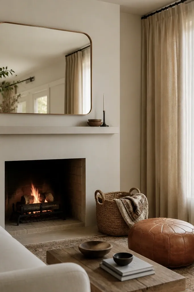 A fireplace with a simple mantel and a mirror above. Layered curtains: sheer off-white behind heavier linen in warm sand. A caramel leather pouf sits near the hearth with a woven basket and a patterned throw.