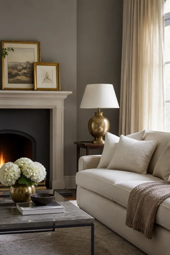 A grey fireplace with a light mantel. Brass picture frames and a brass lamp base reflect warm light. Oatmeal curtains hang floor length, and an oatmeal sofa has a taupe throw and cream pillows.
