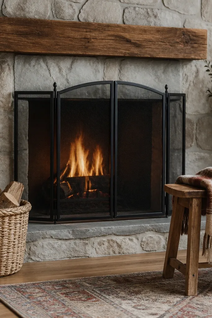A fireplace with a black metal screen. A woven log basket sits to the side. A plaid throw in red-brown and cream is draped over a wooden bench; a small rug covers the front.