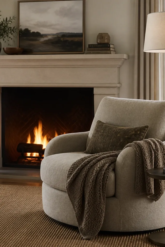 A fireplace with a wide mantel. An oversized swivel chair sits near the fire with a knitted throw and a reading pillow. A tall floor lamp with a fabric shade stands by the chair; a small side table holds a mug warmer.