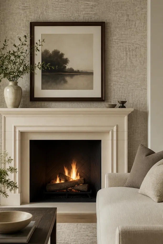 A fireplace with a cream surround. Behind it, a textured wallpaper panel in subtle pattern runs around the mantel area. A dark wood framed art piece hangs above; the sofa is cream with taupe pillows.