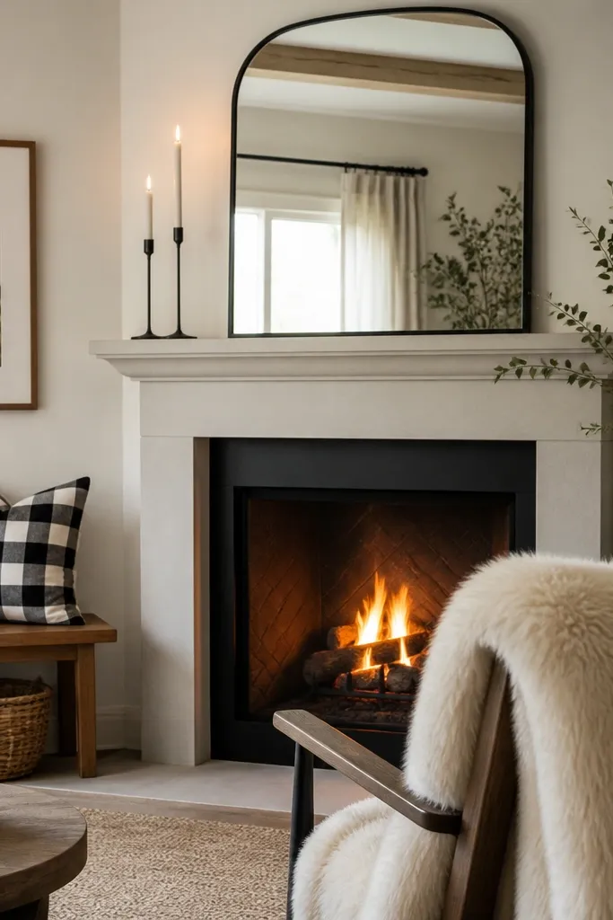 A fireplace with a simple mantel and a mirror above. A cream faux fur throw is draped over the back of a chair. Black and white buffalo check pillows sit on a warm wood bench; a small black metal candle stand is on the mantel.