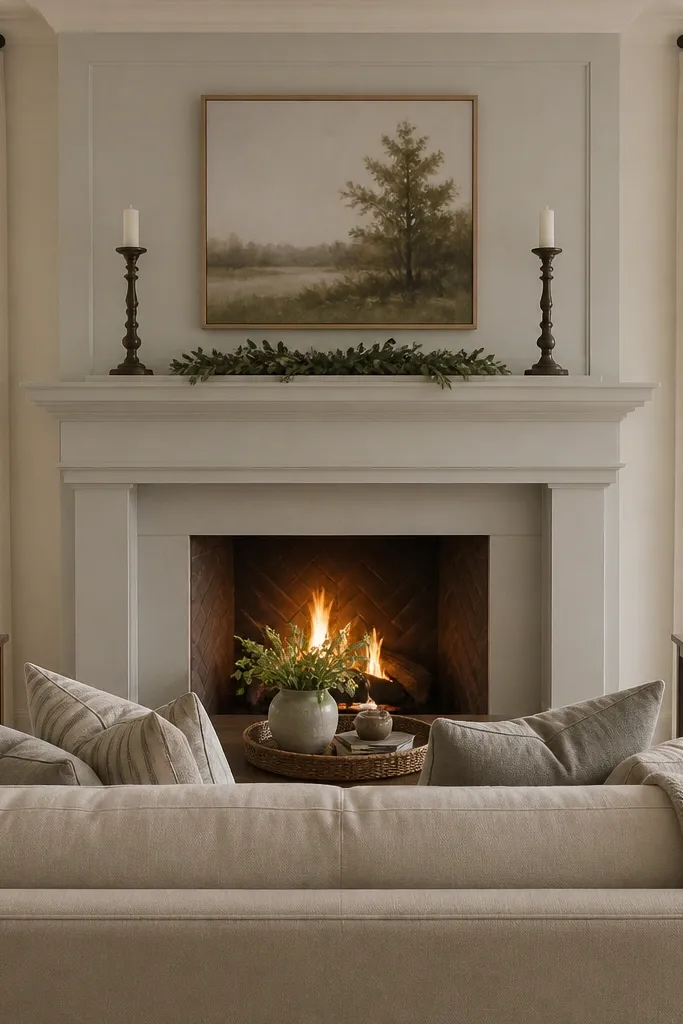 A fireplace with a wide mantel. Two matching candlesticks sit symmetrically on the mantel with a small greenery runner in the middle. Matching side tables flank the sofa, each with a lamp and a woven tray.