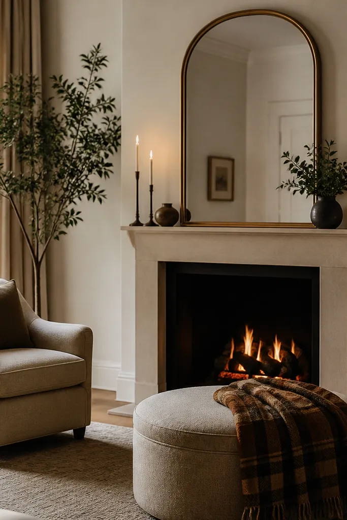A fireplace with a narrow mantel. A large arched mirror hangs above it. A round ottoman sits in front with a warm plaid blanket draped over the side; a small side lamp glows nearby.