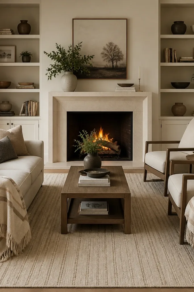 A fireplace centered on the wall. A long rug runs under the entire seating layout, with a cream base and subtle stripe pattern. A sofa has a throw in the same palette as the rug; a second throw sits in a basket.
