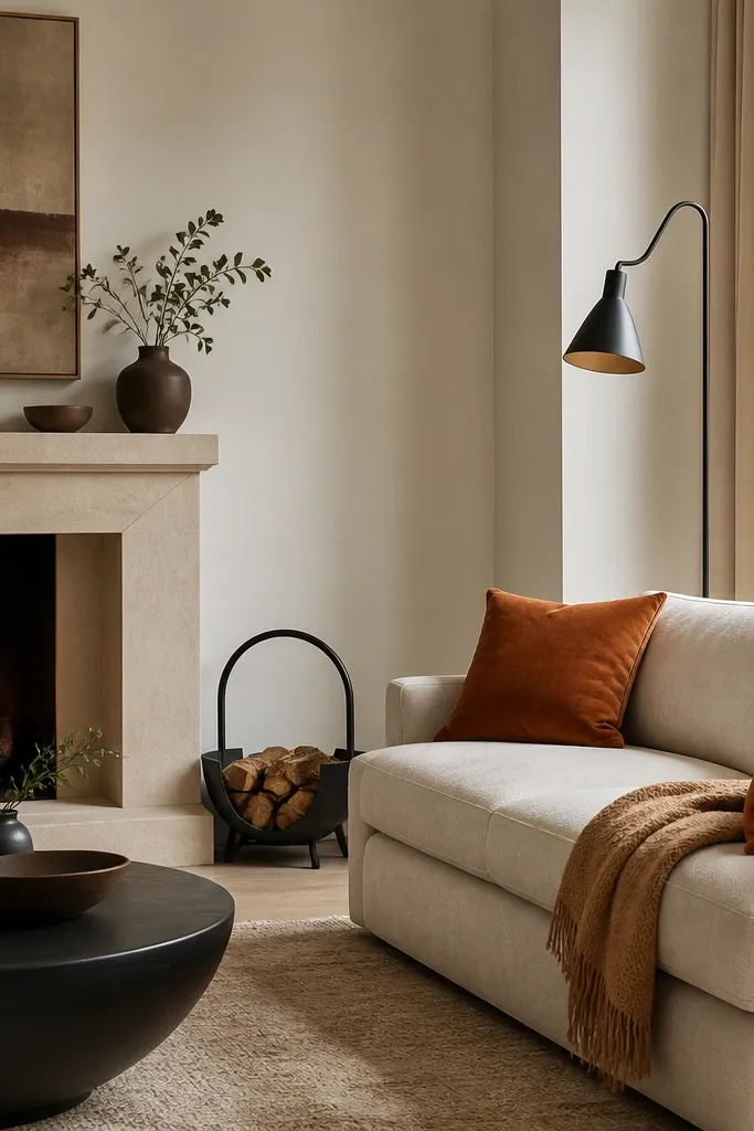 A fireplace with a matte black log holder beside it. A performance velvet sofa in warm cream sits opposite, with burnt orange throw pillows and a caramel throw blanket. A black metal floor lamp stands in the corner.