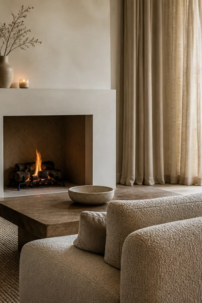 A boucle-textured sofa in neutral cream faces a fireplace. Warm oatmeal curtains hang floor length. The mantel has a single ceramic vase and a candle; a matching ceramic bowl sits on the coffee table.