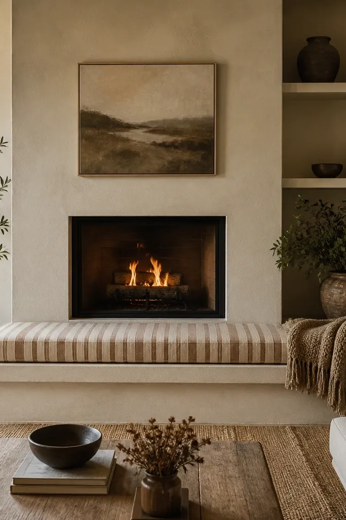 A fireplace wall with a built-in bench below the hearth. The bench has striped cushions in warm cream and muted brown. A knit throw is folded and placed on the bench edge; a low coffee table sits in front.