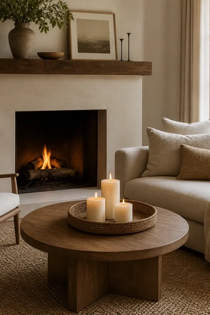 A fireplace with a simple mantel and a round coffee table in front. A large tray holds three candles of different heights. The sofa has neutral cushions and a small throw; a woven rug surrounds the seating.