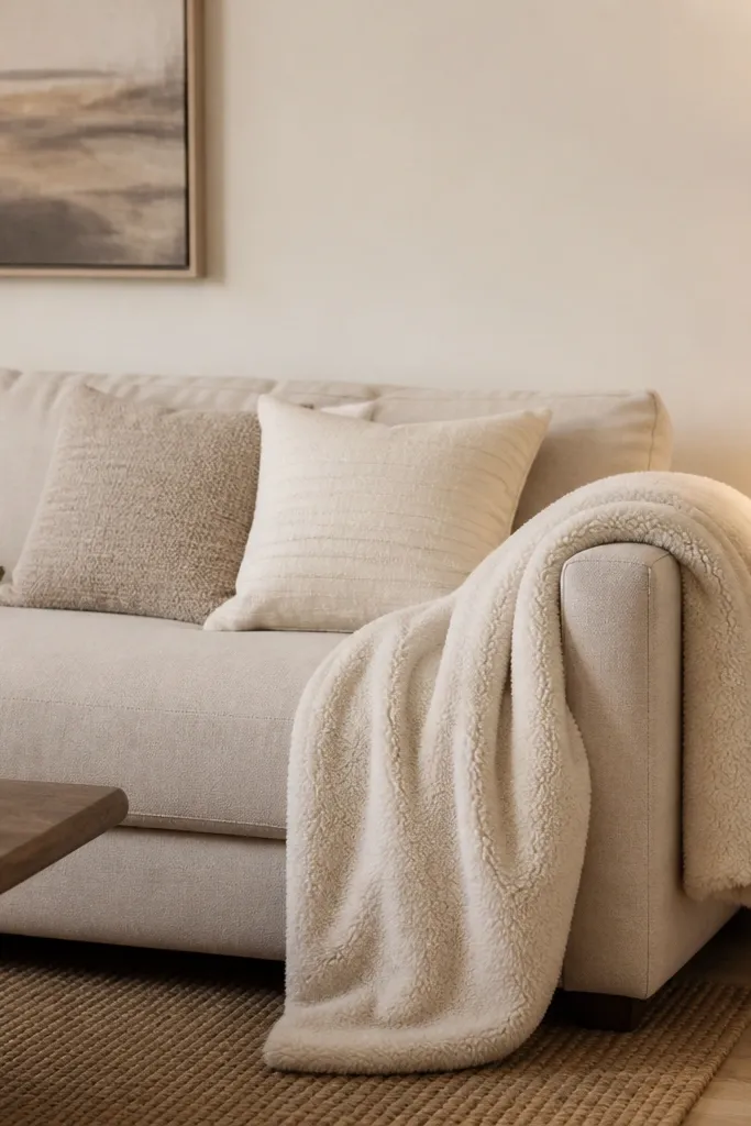 A neutral living room with a light beige sofa. A cream teddy throw is draped over the right arm so it hangs down in a soft fold, with two oat-and-cream cushions on the seat. A warm table lamp glows beside the sofa and a woven rug edge is visible under the coffee table.