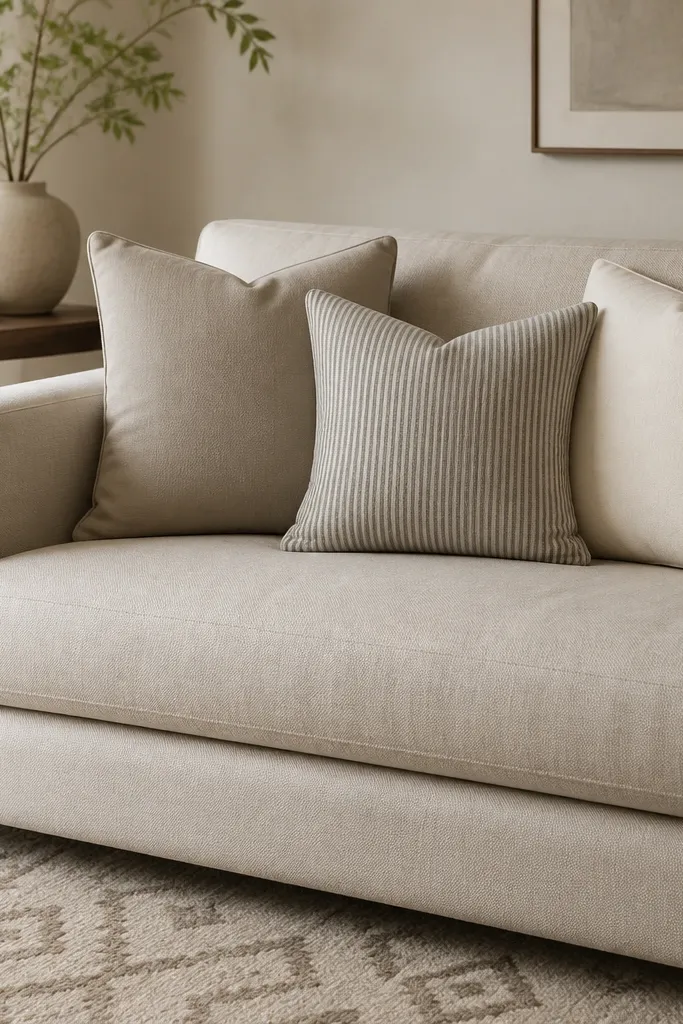 A sofa with three cushions: two solid greige and cream covers, plus one small-scale stripe cushion in warm greys. The cushions are arranged with the stripe in the middle and the solids flanking it. A neutral rug pattern and a simple wood side table sit behind.