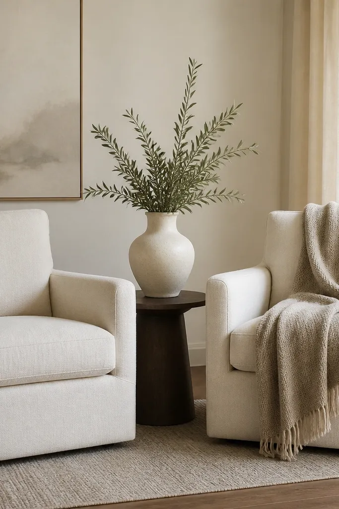 Two armchairs in off-white linen-cotton fabric. A warm oatmeal throw is tucked over the back of one chair and drapes over the seat edge. A small side table with a ceramic vase sits between the chairs.