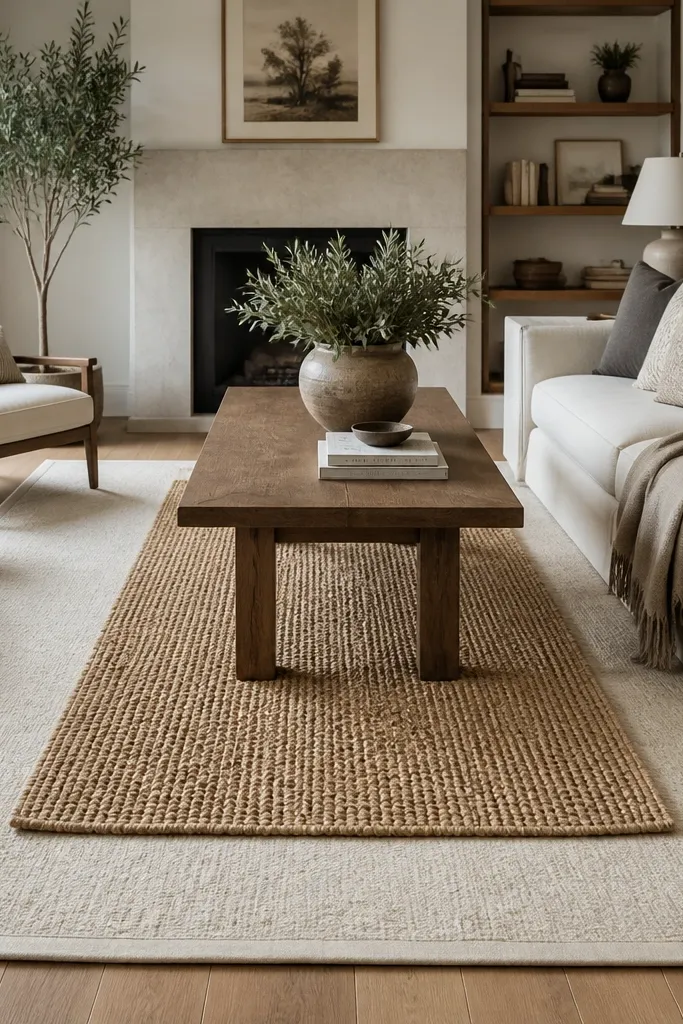 A living room floor with a large neutral rug filling most of the seating area. On top sits a smaller jute runner in a warm natural color aligned down the center, with the coffee table legs resting above the rug overlap.