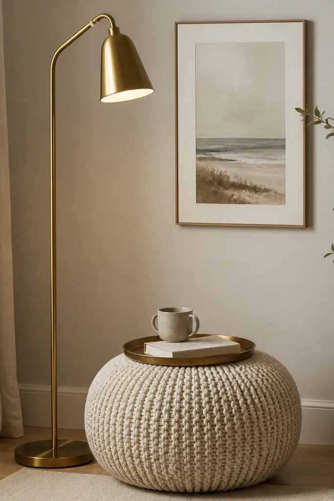 A cozy corner with a tall floor lamp in a warm brass finish. A knit pouf sits near the lamp, and a small round tray holds a mug and a book. Behind it is a neutral wall with a simple framed print.