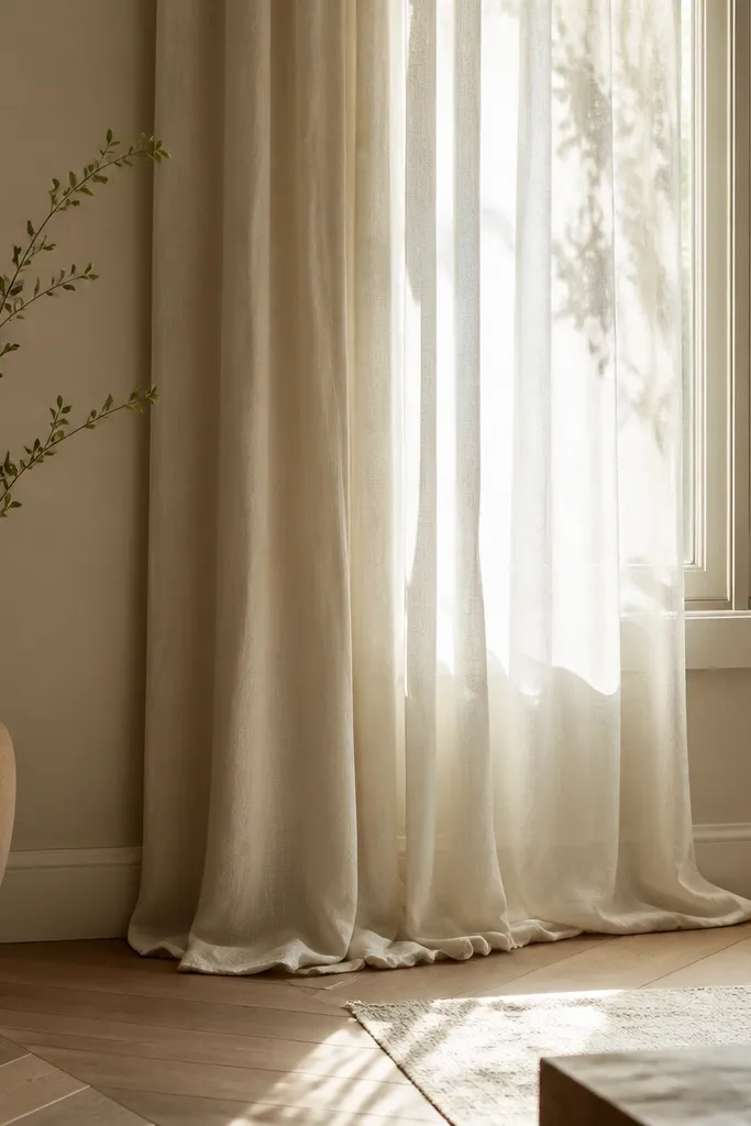 Curtains in warm white hang from ceiling height. They pool slightly on the floor by about 15 cm, creating soft folds. A neutral wall and a window frame are visible, with a light streaming in.