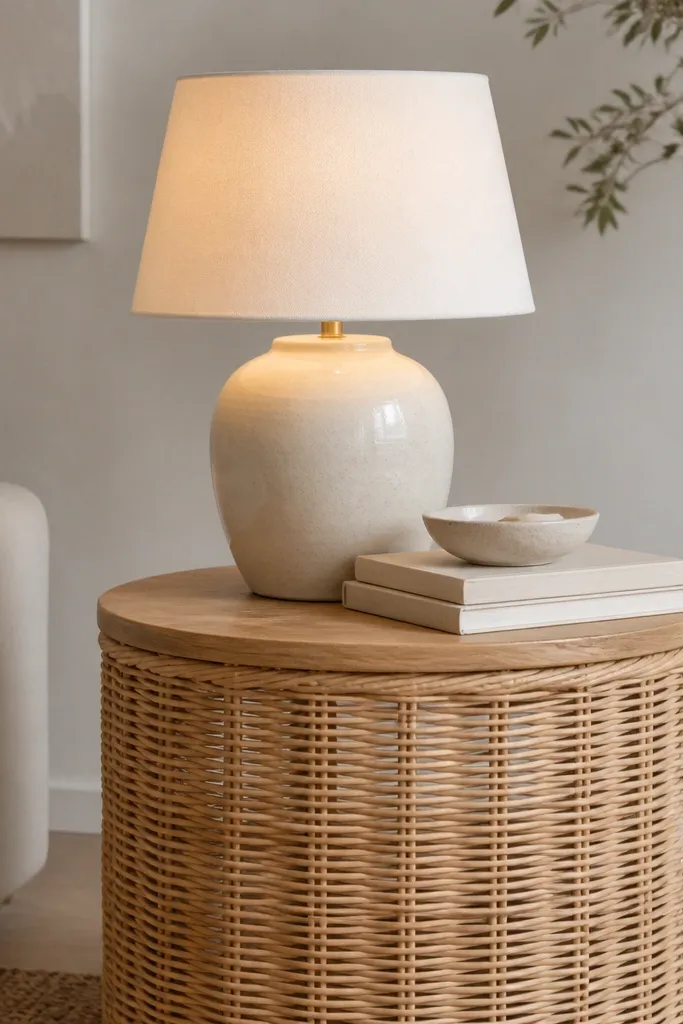 A small side table in natural rattan with a wood top. On it sits a cream ceramic lamp with a warm white fabric shade. A neutral book stack and a small ceramic dish sit beside the lamp.