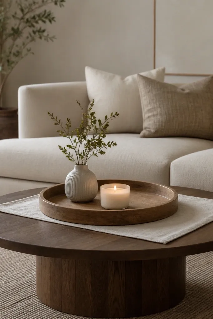 A round coffee table with a thick wooden tray centered on top. A short linen runner in oatmeal runs under the tray, with a small vase and a candle arranged on the tray. The sofa is beige with neutral cushions.