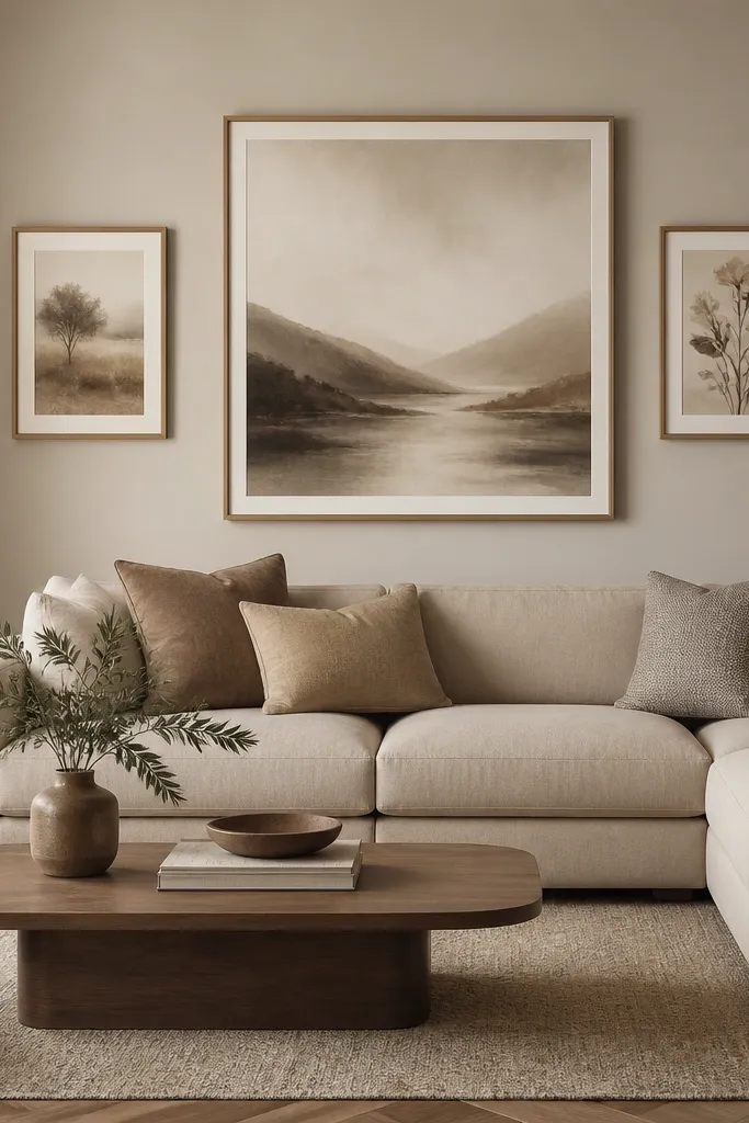 A living room wall with an oversized framed print in warm greige tones. Two smaller frames sit on either side, aligned at eye level. The sofa is beige and there's a floor lamp near the corner.
