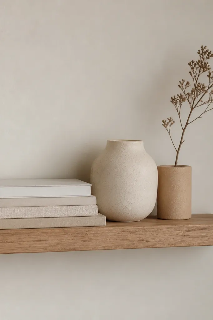 A small wall shelf in natural wood. On it are stacked neutral books, a cream ceramic vase, and one dried branch in a warm sand container. The background wall is warm white or light greige.