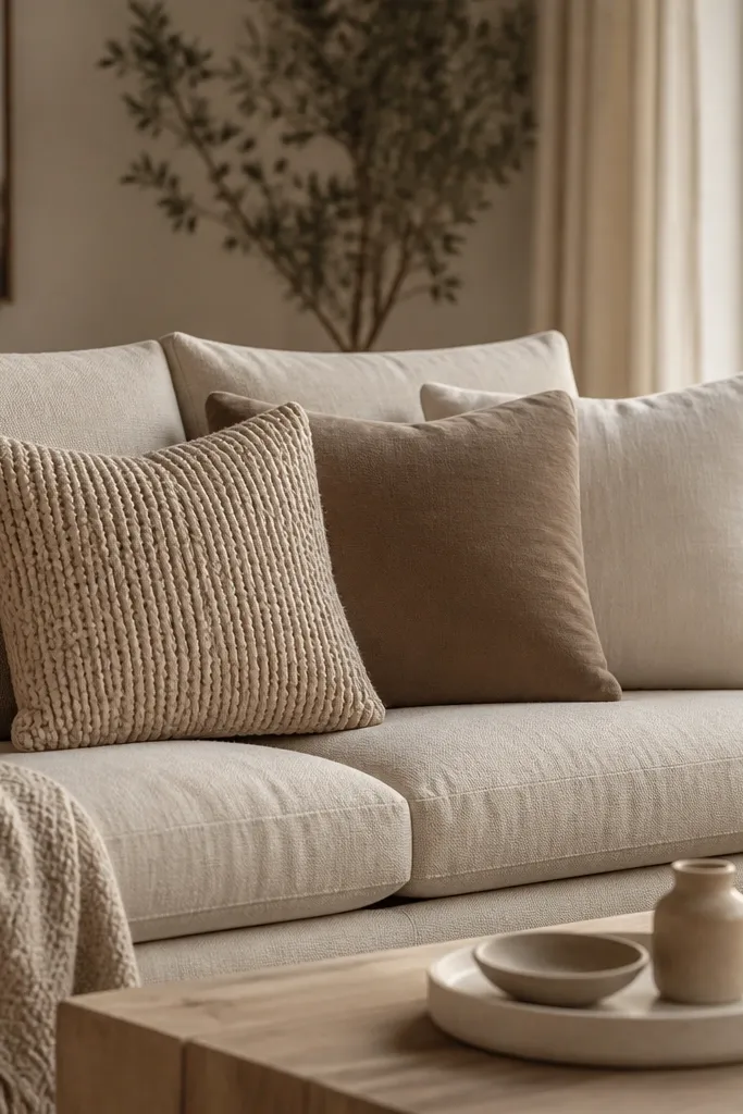 A sofa with cushions in biscuit and mocha tones. One cushion cover is a chunky knit in beige, another is a smooth mocha fabric, and a third is a lighter cream cover. The lighting is warm and the coffee table has a neutral tray.
