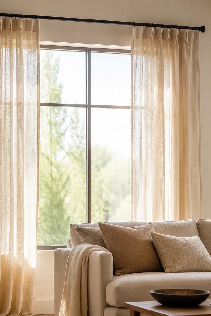 A bright living room window with warm linen sheers. The curtain rod is matte black and the sheers hang in soft folds. A neutral sofa sits below with a light throw over the arm.