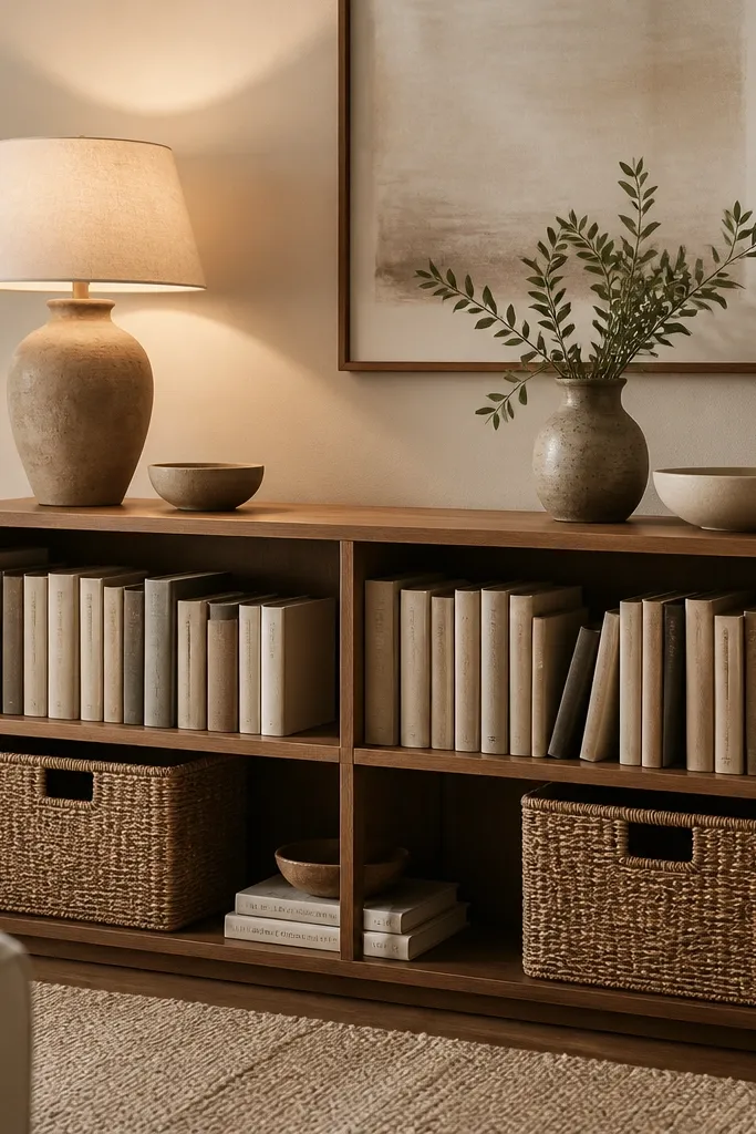 A low bookshelf or media unit with open shelves. There are neutral books lined up, and two woven baskets placed in lower sections. A couple of ceramic items sit on top, with warm lighting from a nearby lamp.