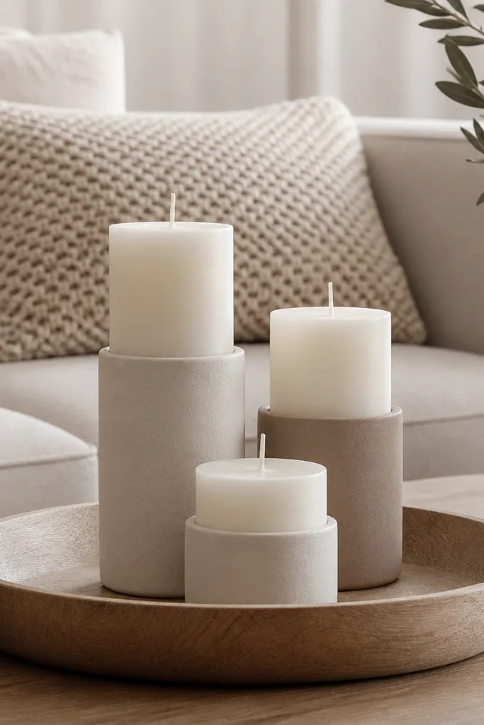 A coffee table tray holds three candles in different heights. The candles are in cream and sand holders with matte finishes. The sofa behind is beige with a subtle knit cushion.