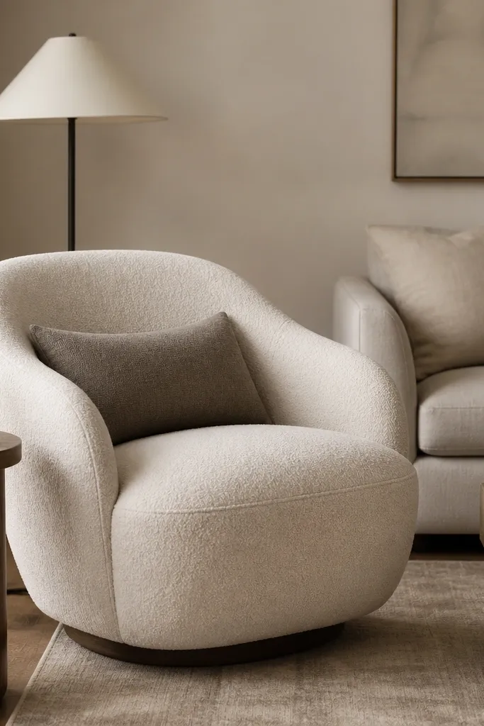 An accent chair upholstered in cream boucle sits beside a neutral sofa. A warm grey lumbar cushion is placed in the chair back. A small wooden side table and a lamp are nearby.