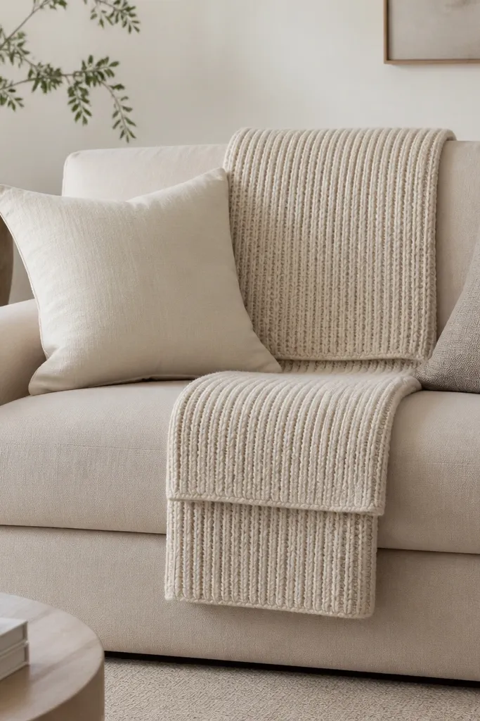 A beige sofa with an oat knitted throw folded and placed in two sections: one part across the back cushion and another part across the seat edge, creating a small ladder-like overlap. The cushions are cream and warm greige.