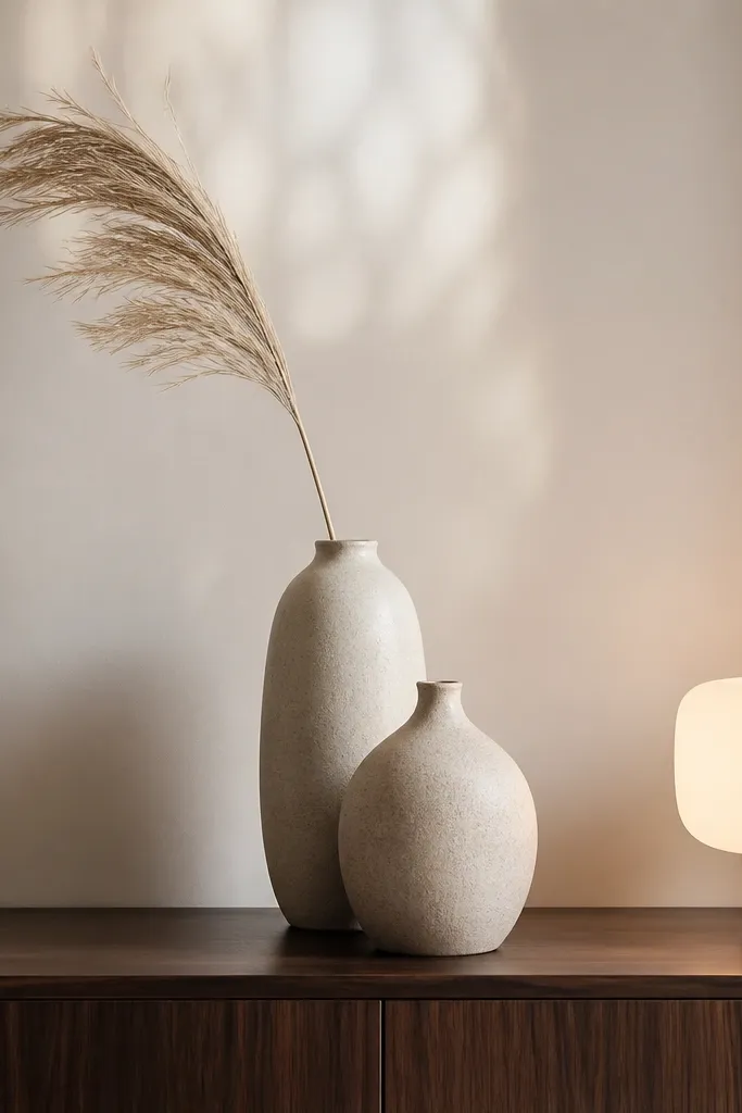 On a sideboard, there are two neutral ceramic vases of different heights. One vase holds a single dried pampas-style stem, fanning softly. The wall behind is warm white, and a small lamp glows on the other side.
