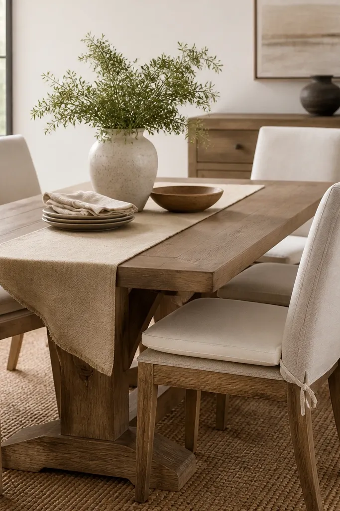 A dining area with a neutral table and chairs upholstered in light fabric. Each chair has a seat cushion in cream or oat with a simple tie or non-slip backing. A runner in warm linen sits on the table.
