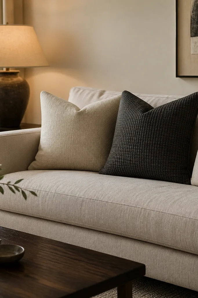 A light beige sofa with three cushions: two cream and one textured charcoal pillow. The charcoal pillow has a subtle woven pattern. A dark wood coffee table and warm lamp sit nearby.
