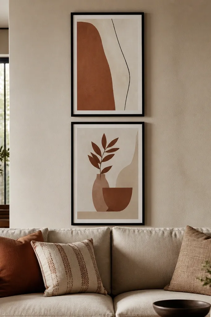 A warm living room wall with a sofa in the foreground. Two tall framed prints stack vertically behind the sofa, centered, with the bottom edge aligned around the sofa back height. Frames are black matte, art has muted terracotta and cream tones.