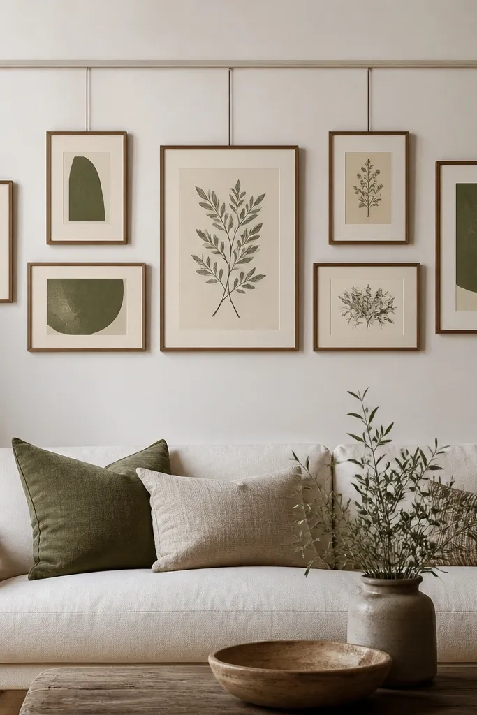 A picture-rail style setup behind a sofa. Multiple frames of different sizes hang neatly from a horizontal rail, with consistent spacing. The frames are in warm wood tones, and the art includes botanical sketches and abstract shapes in cream and sage.