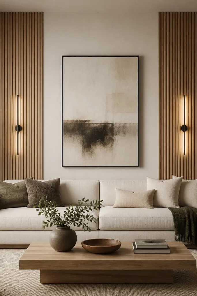 A feature wall behind a sofa with vertical wood slats in light oak. The surrounding wall is painted a warm off-white. A single large mirror or abstract art sits centered between slat panels, and there are two slim wall sconces.