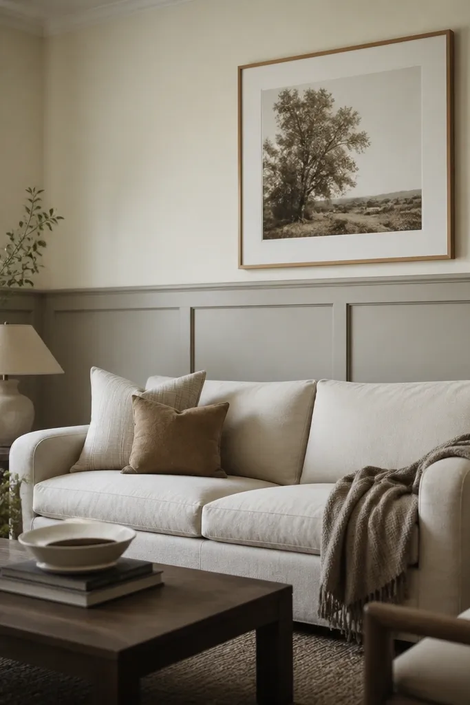 A living room with classic half-wall paneling behind a sofa. The lower half has matte paint in a warm greige, and the upper half is a pale cream. A large framed print hangs centered above the paneling line.
