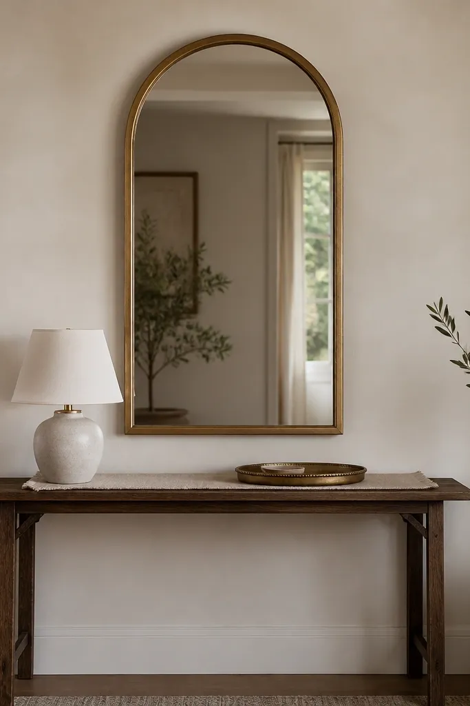 A centered mirror with a rounded top sits above a narrow console table. The mirror frame is aged brass or antique gold, and the console has a linen runner, a small ceramic lamp, and a tray.