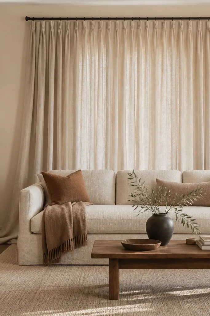 Floor-length linen drapes hang behind and slightly beyond the sofa edges. The rod is mounted above the sofa back, and the fabric pools lightly on the floor. The wall color is a warm cream, and there's a neutral rug underneath.