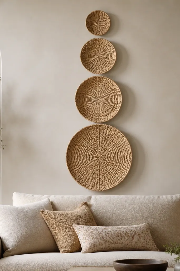 A set of woven baskets mounted vertically behind a sofa. The baskets vary in size but share similar natural fibers. They form one centered column, with the smallest at the top and largest near sofa-back height.