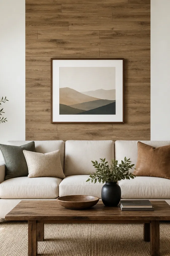 A vertical stripe of peel-and-stick wood-look tiles behind a sofa. The stripe is centered and about one-third of the wall width. The rest of the wall is painted warm white. A framed print hangs centered on the stripe.