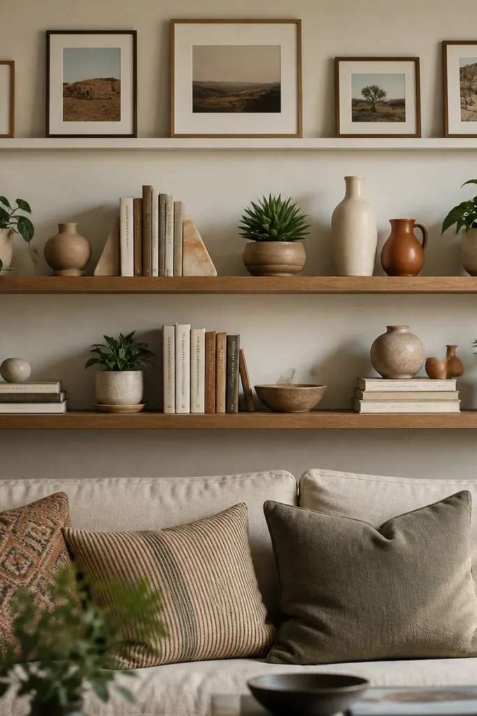 Two floating shelves mounted behind a sofa. Above the top shelf is a picture ledge or narrow rail holding framed photos. The shelf styling includes books stacked vertically, small plants, and ceramic vases in cream and clay colors.