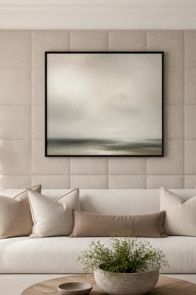 A large upholstered fabric panel mounted behind a sofa. The fabric is a textured oatmeal linen with tufted or quilted stitching. A single oversized frame hangs above it, and the wall is painted warm white.