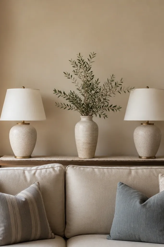 A narrow console centered behind the sofa with two matching table lamps. There's a tall ceramic vase in the middle and a linen runner on the console. The wall is a warm neutral and the sofa is upholstered in beige.