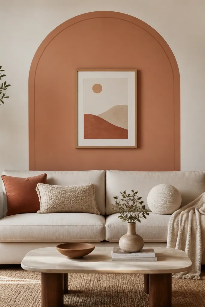 A centered arch shape painted on the wall behind the sofa. The arch is a warm clay color with a slightly darker inner line. The surrounding wall is creamy white, and a small framed print sits inside the arch.