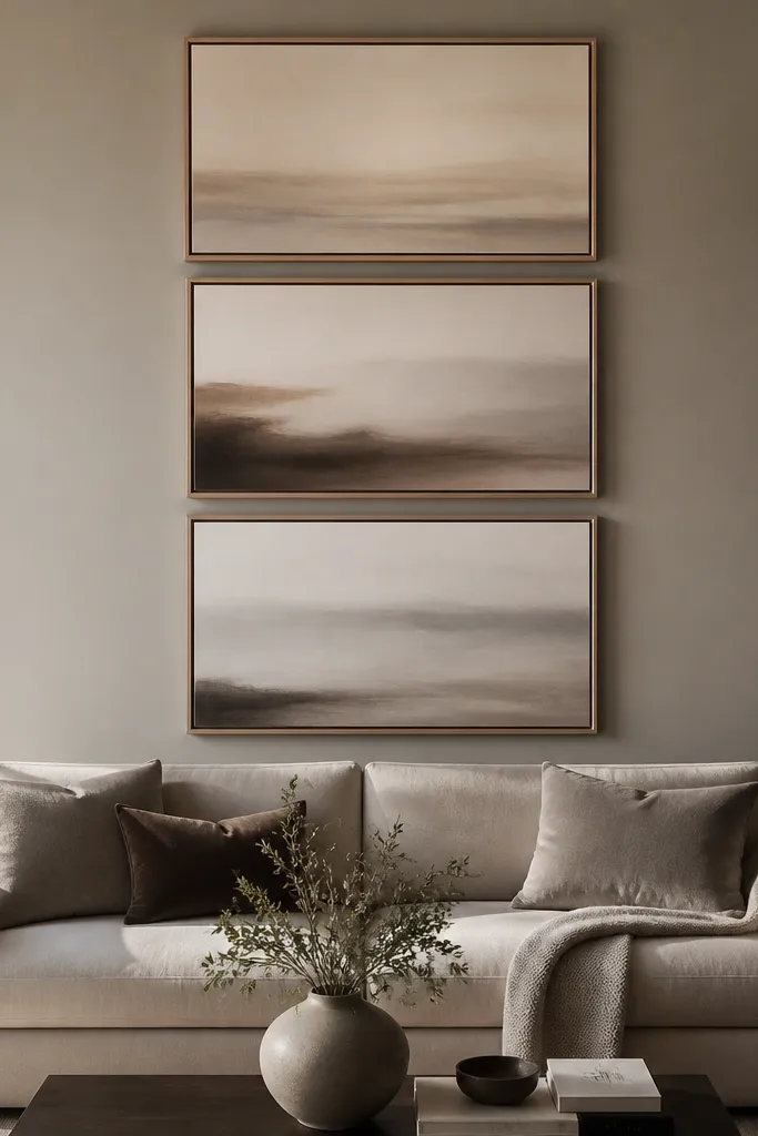 Three large frames stacked in a vertical column behind a sofa. The frames are in the same finish and the art has soft neutral gradients. The wall around them is painted a muted warm gray.