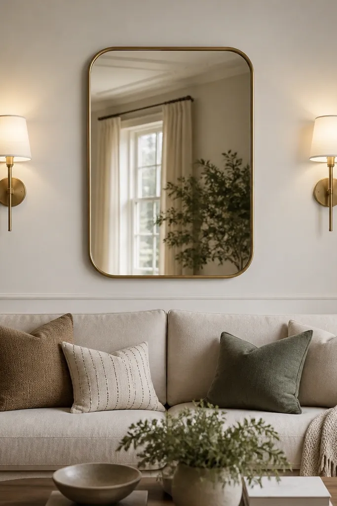 Two matching wall sconces flanking a centered mirror behind a sofa. The sconces have warm white shades and sit at consistent height. A dimmer switch is implied by the soft lighting glow. The wall is warm off-white.